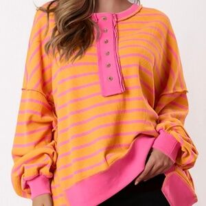 New Women’s Henley Tunic Oversized Striped Waffle Knit Sweatshirt Orange Pink Lg